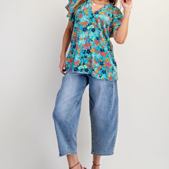 NEW EASEL FLORAL PRINT CHALLIS WOVEN TOP BUTTON DOWN SHIRT BLOUSE RAYON - Picture 6 of 8